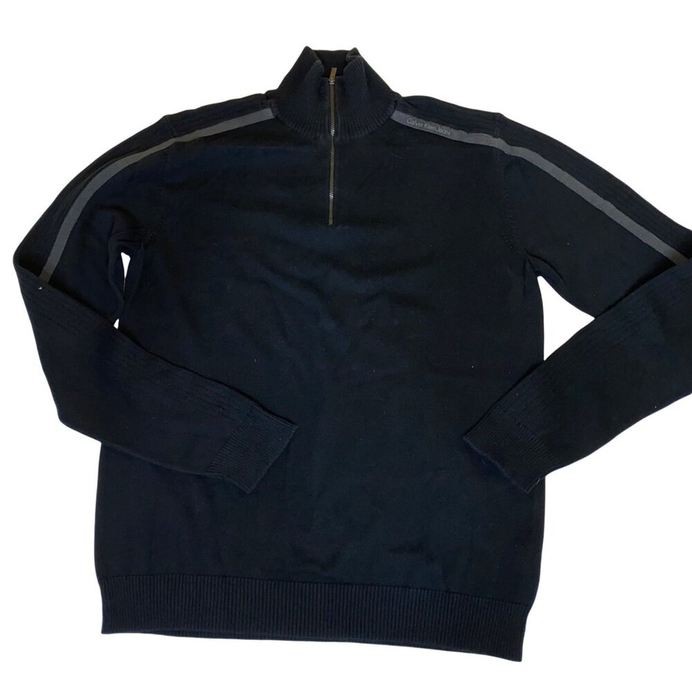 Calvin Klein Jeans Mens Black Half-Zip Sweater With Shoulder Stripes Size M